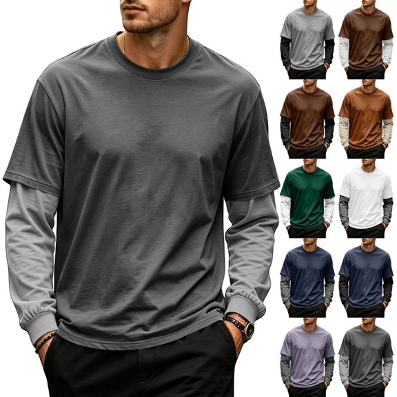 GrmtClth Shirts for Men Fake 2-Piece Layered Contrast Long Sleeve Crewneck Lightweight All Season Daily Streetwear Pullover Tops Purple L