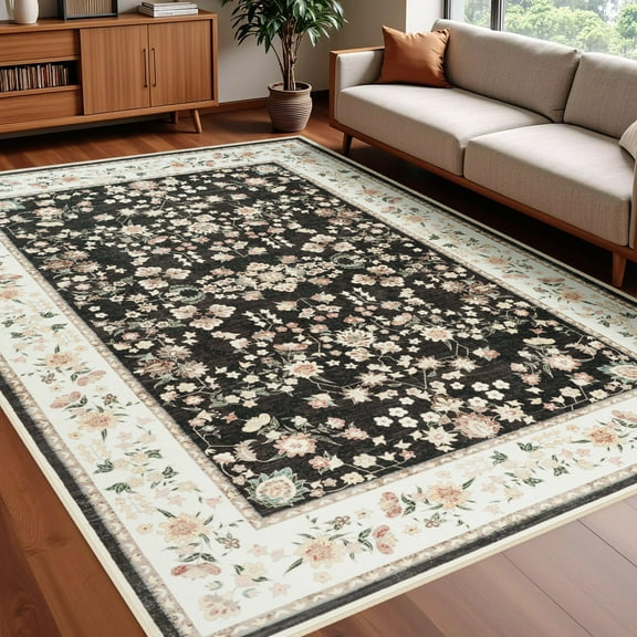 Wellber Soft Rugs Retro Area Rug Vintage Carpet for Living Room Bedroom Office Home Decor,4'x6',Black & Pink