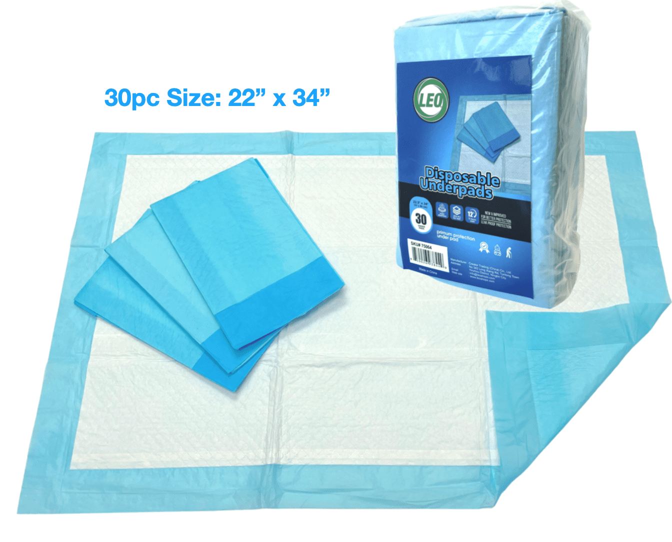 LEO (Chux) Disposable Underpads 22' x 34', Economy Waterproof Absorbent Bed Pads for Adults, Children and Pets, Large Size, Blue, Count (30/Pack)