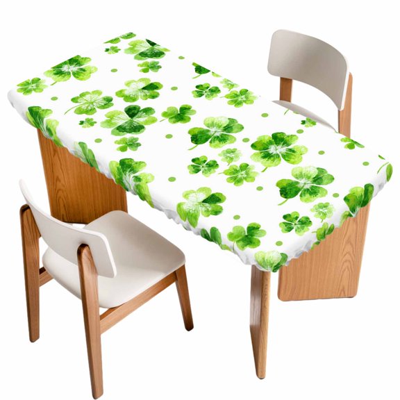 St. Patrick's Day Table Cloths for 3 Foot Rectangle Tables, Watercolor Lucky Shamrock Polka Dots Green Patio Waterproof Elastic Fitted Tablecloths, Washable Rectangular Table Cover for Camping