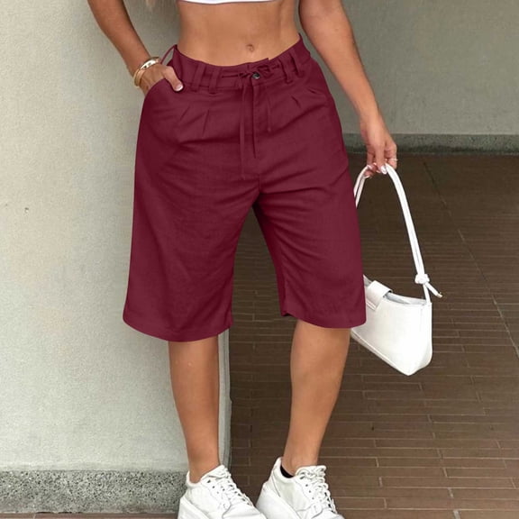 BUIGTTKLOP Women Cotton Linen Shorts Cotton Knee Length High Waisted Casual Shorts Summer Beach Shorts with Pockets