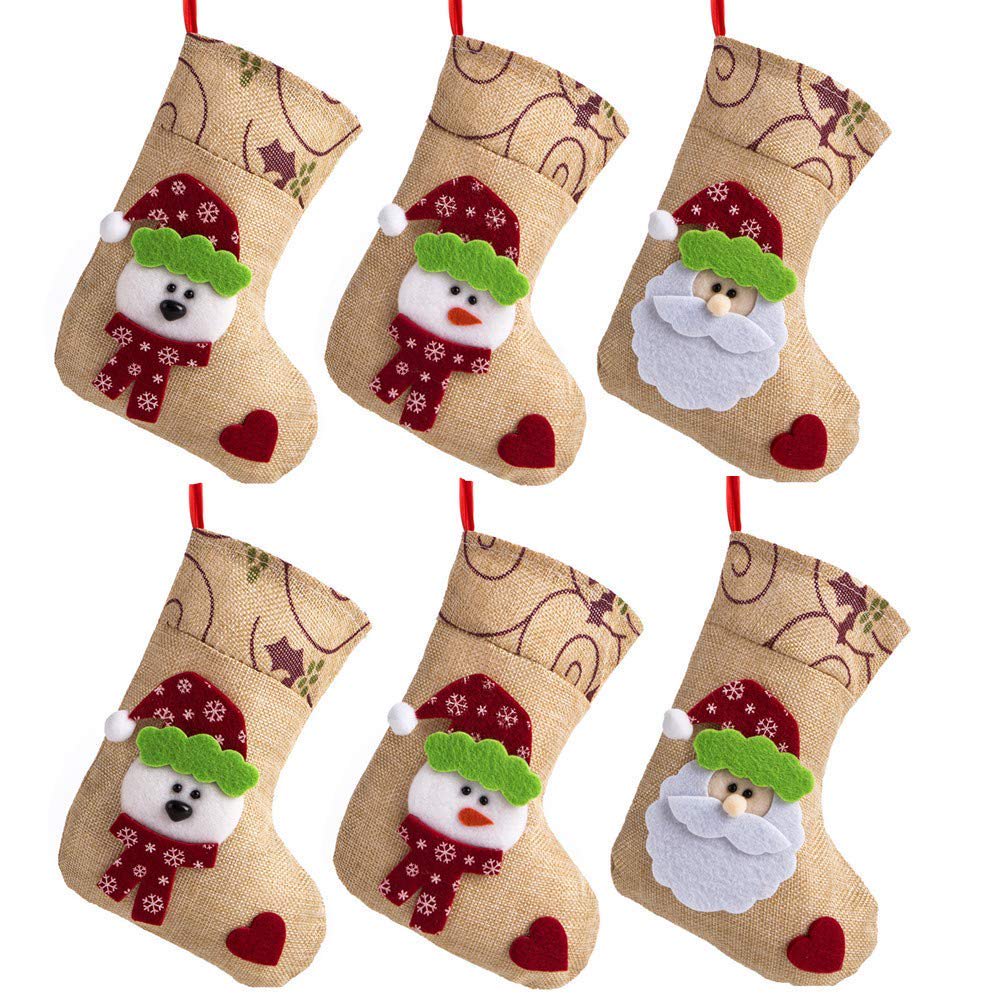 6 Pcs 7.5“ Burlap Christmas Stockings, Hanging Craft Socks Christmas Tree Decor Hanging Rustic