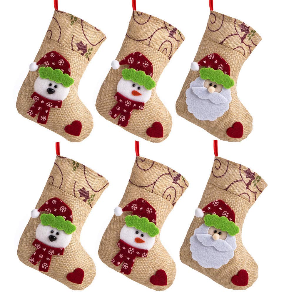 6 Pcs 7.5“ Burlap Christmas Stockings, Hanging Craft Socks Christmas Tree Decor Hanging Rustic 
