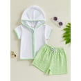thumbnail image 4 of BemeyourBBs Toddler Terry Cloth Swim Cover Up Baby Boy Girl Swimsuit Trunks and Short Sleeve Coverup Towel Zipper Hoodies Top Seersucker Gingham Shorts Set Beach Bathing Suit Swimwear, 4 of 9