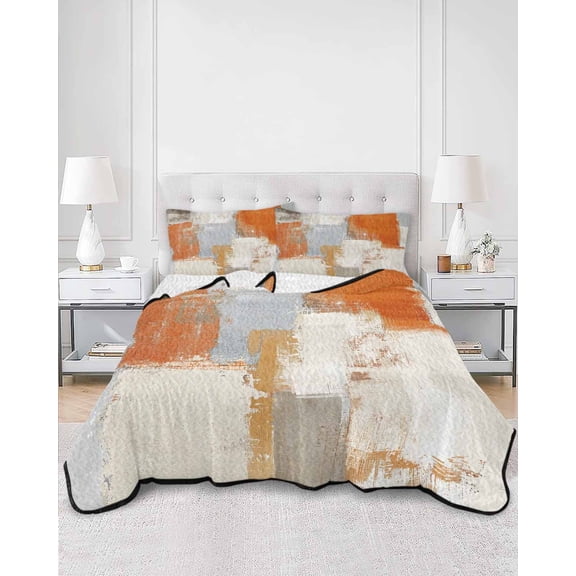 Quilts Queen Size, Burnt Orange Soft Comforter Bedding Set for Bed, Modern Geometric Grey Oil Painting Abstract Lightweight Quilted Bedspread with Pillow Cover(2 Pieces) for All Season, 90x96 Inch