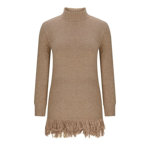 Lenpel Women's Turtleneck Sweaters Casual Long Sleeve Tassel Hem Knit Oversized Sweaters Pullover Tunic Sweaters(Khaki,X-Large)