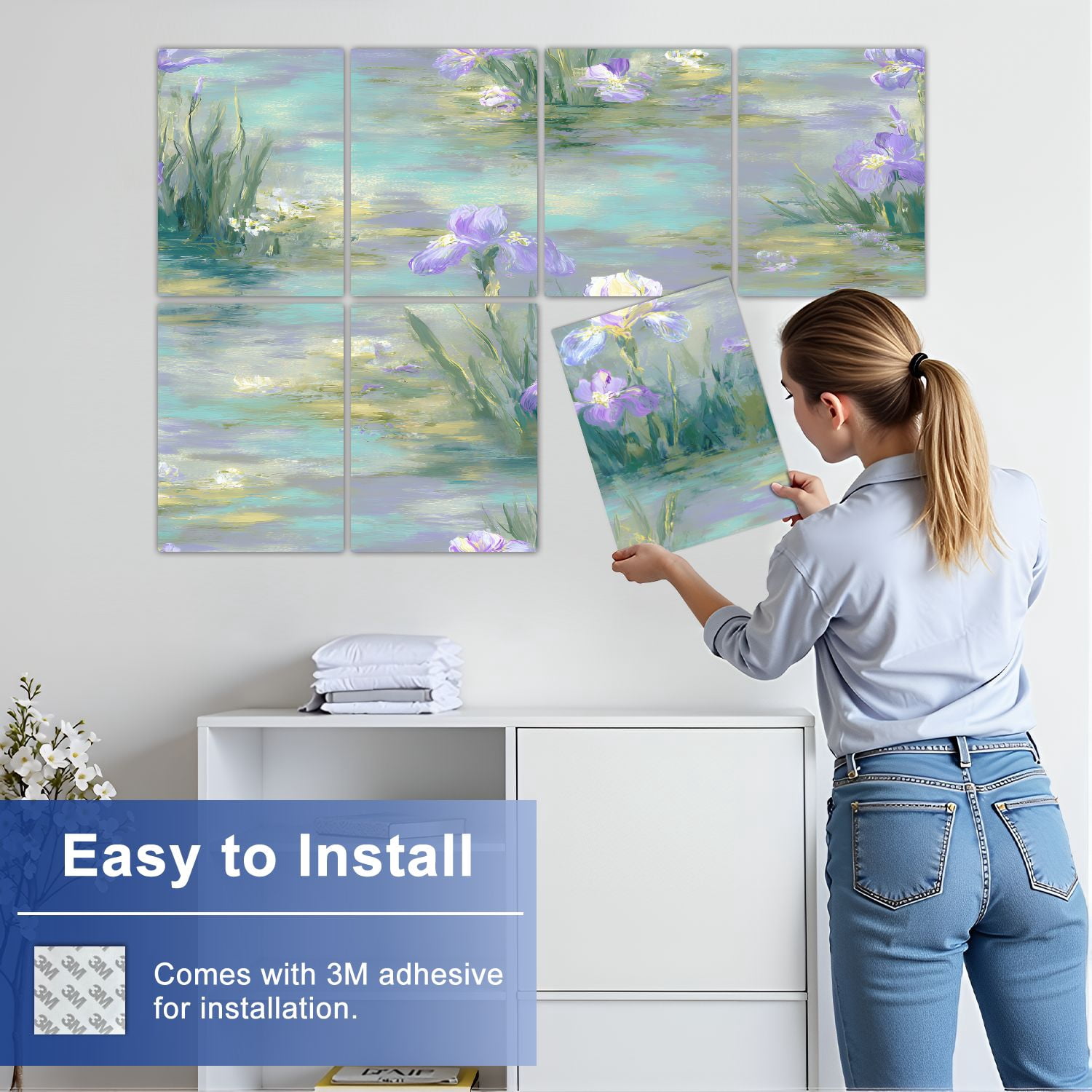 8 Pack Art Acoustic Panels Sound Absorbing Pastel Iris Flowers Serene Decorative Soundproof Wall Panels Self Adhesive for Nursery Game Room Bedroom 48"x32"
