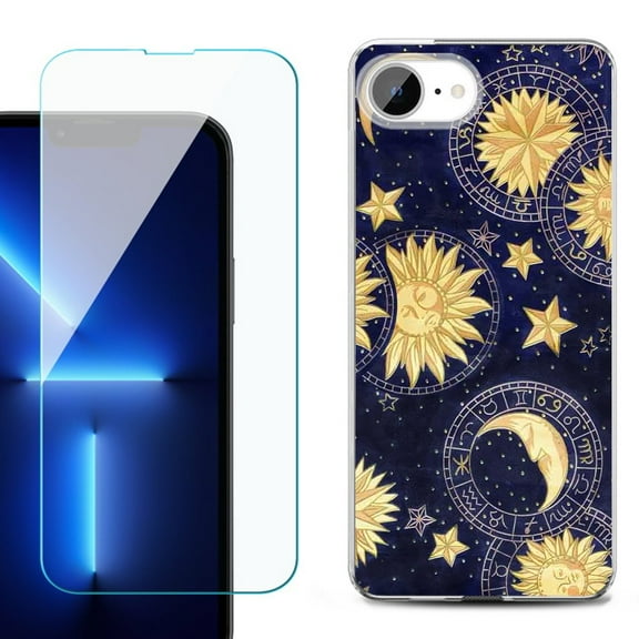 For For iPhone 16e Phone Case Cover, Shockproof Case with Tempered Glass Screen Protector, by OneToughShield - Moon Sun Star