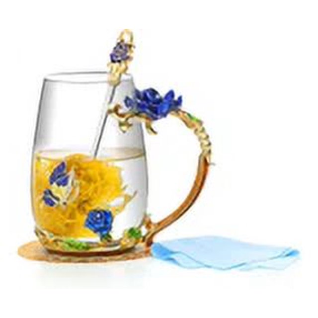 Taza de café de vidrio transparente sin plomo, taza de té con juego de cucharas de acero, regalo personalizado para amiga, esposa, madre, cumpleaños, día de San Valentín - Little Blue
