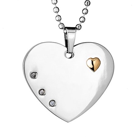 ELYA 3 CZ Polished Steel Heart with Gold-Plated Heart, 24 Ball Chain