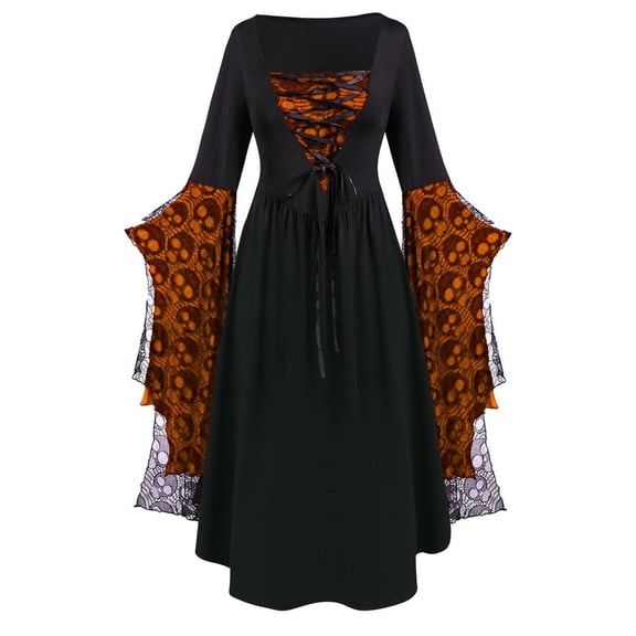 QSAWXQZ Women's Plus Witch Corset Square Neck Maxi Dress with Dramatic Long Sleeves for Halloween S