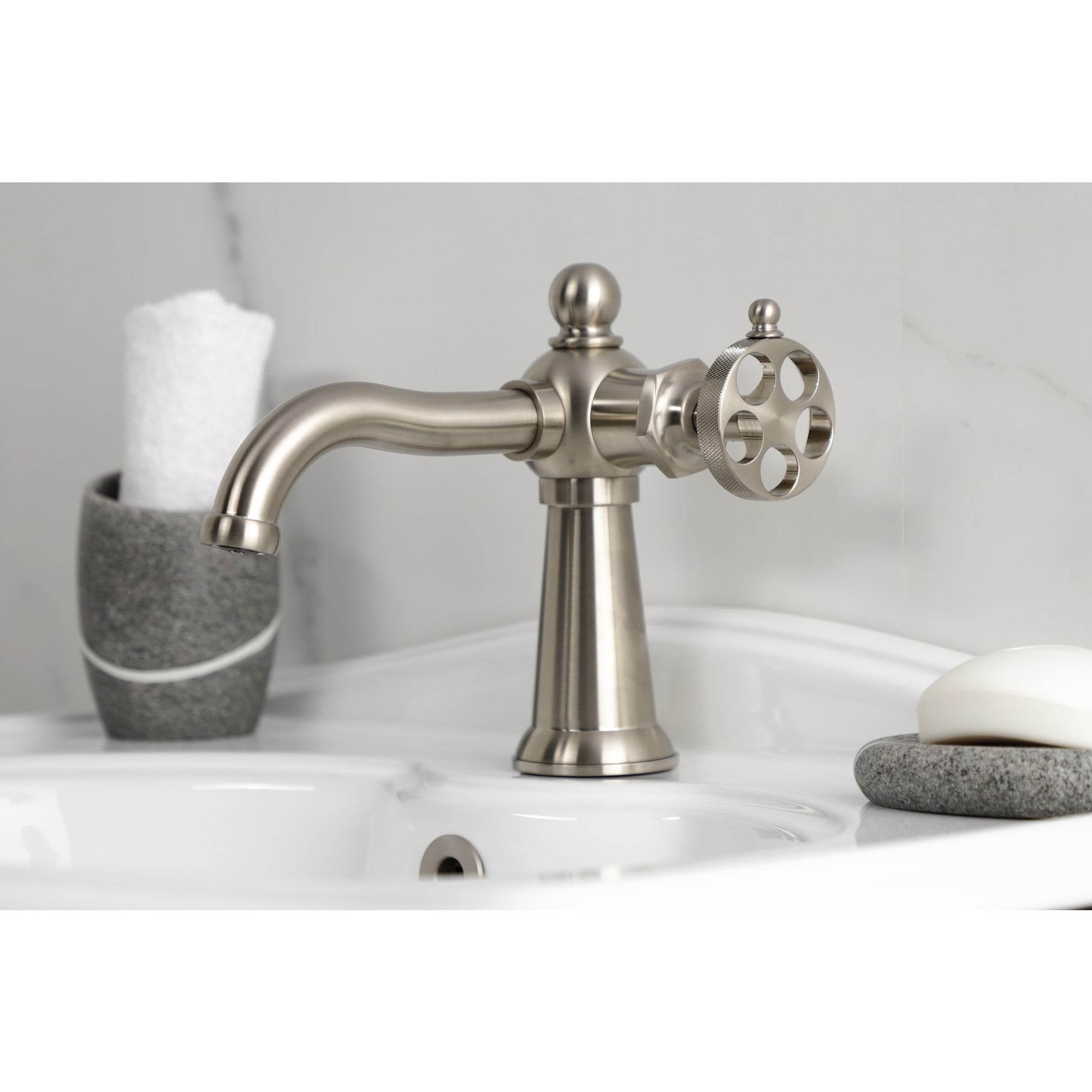 Kingston Brass KS3548RKZ Wendell One-Handle Single-Hole Bathroom Faucet with Knurled Handle and Push Pop-Up Drain, Brushed Nickel