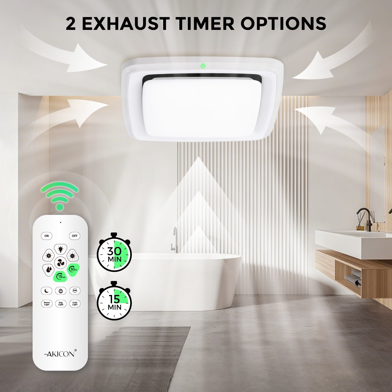 Akicon Bathroom Exhaust Fan with RGB Light, 110 CFM 1.5 Sones Bathroom Vent Fan with Humidity Sensor & Dimmable 3CCT LED Light 3000K/4000K/5000K, Square, White