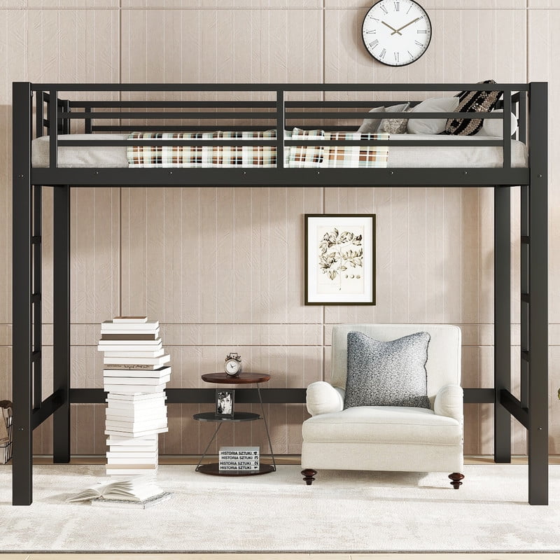 Bellemave Metal Twin Loft Bed, Heavy Duty Loft Bed Frame with 2 Build in Ladder and Full Length Guardrail, Loft Beds Twin Size with Large Under-Bed Space, Easy to Assemble-Black