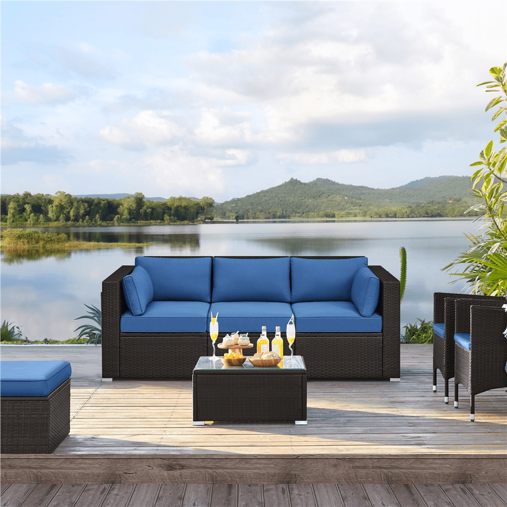 Alden Design 3-Seater Patio Resin Wicker Sofa with Throw Pillows for Yard, Brown/Dark Blue