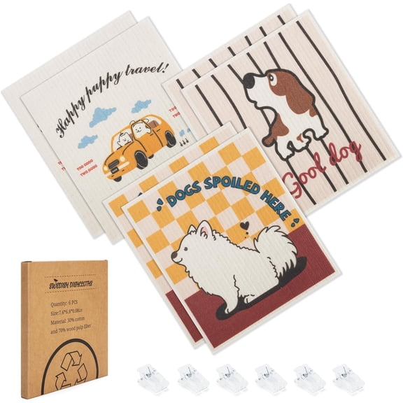 Cute Dog Kitchen Dish Towels 6 Count, Reusable Paper Towel Alternative Cellulose Cloths, Absorbent Non-Scratch Biodegradable Odor-Free Washable Sponge Wipes