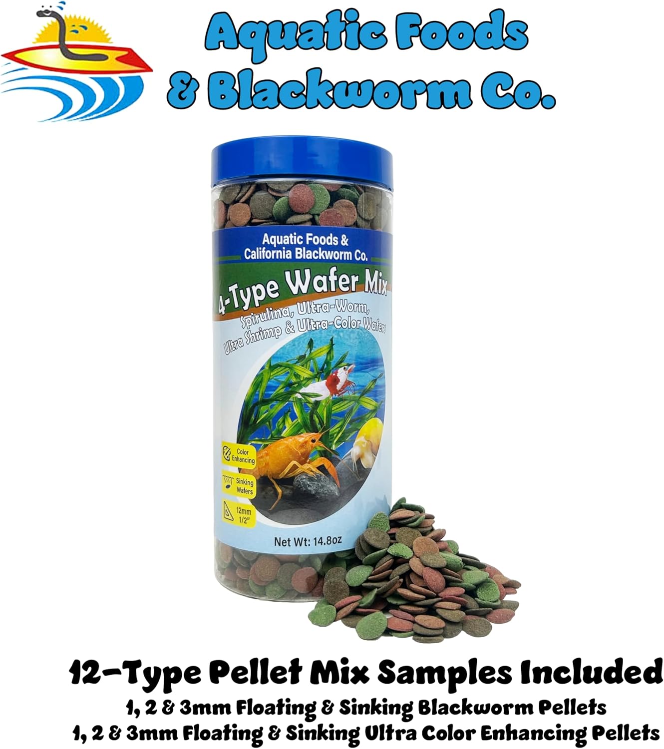 12mm - 1/2" Sinking Wafer Mix of Spirulina-Algae, Shrimp, Worm, Color Enhancing for Snails, Shrimp, All Fish, 12-Type Pellets Included 14.8oz Canister