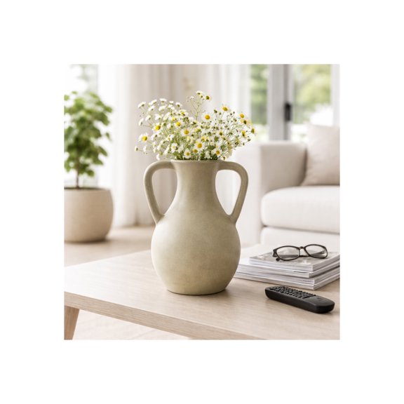 Pottery Terracotta Vase with Handles - Amphora-Style Decorative Flower Vase for Home, Office & Living Room - Rustic Boho Accent for Bedroom & Tabletop Decor - 12" Green