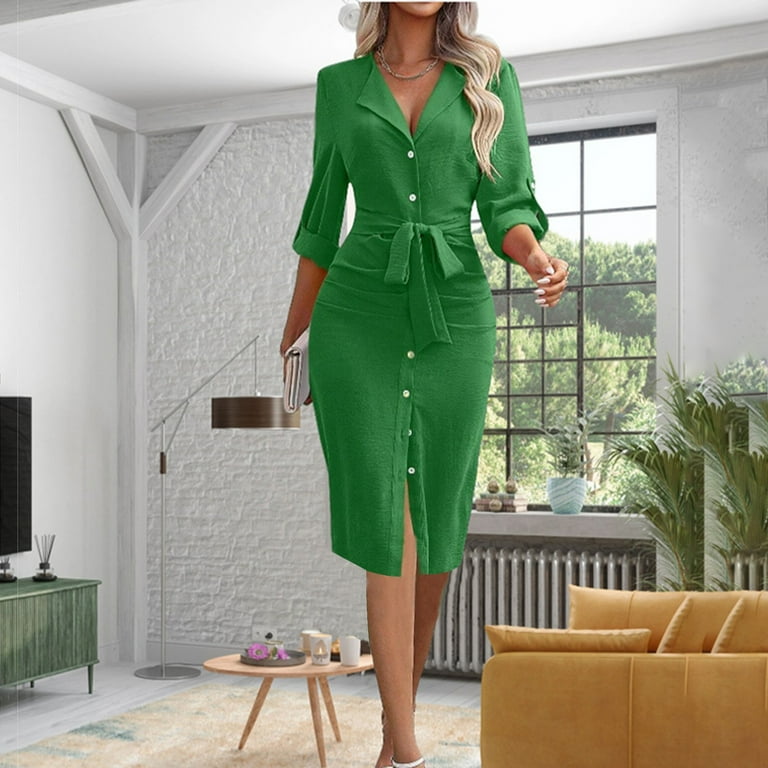 qolati Women's Long Sleeve Button Down Shirt Dress Casual Loose Tie Waist  Adjustable Sleeve Length Midi Dress Elegant Cocktail Wedding Formal Dresses  - Walmart.com