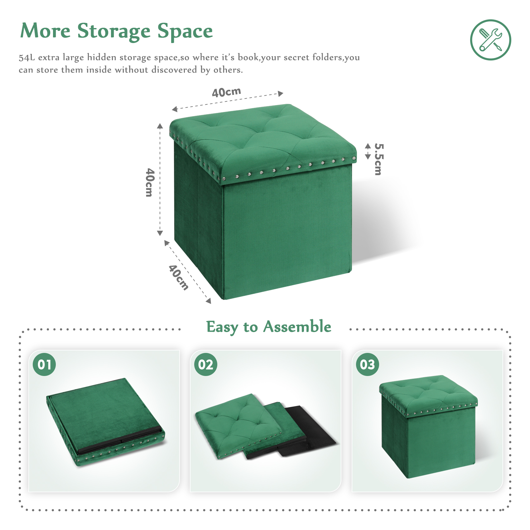 PINPLUS 15.7" Green Velvet Folding Storage Ottoman Cube, Small Foot Rest Stool, Window Seat for Living Room, Toy Chest Box with Rivet Tray - image 2 of 5