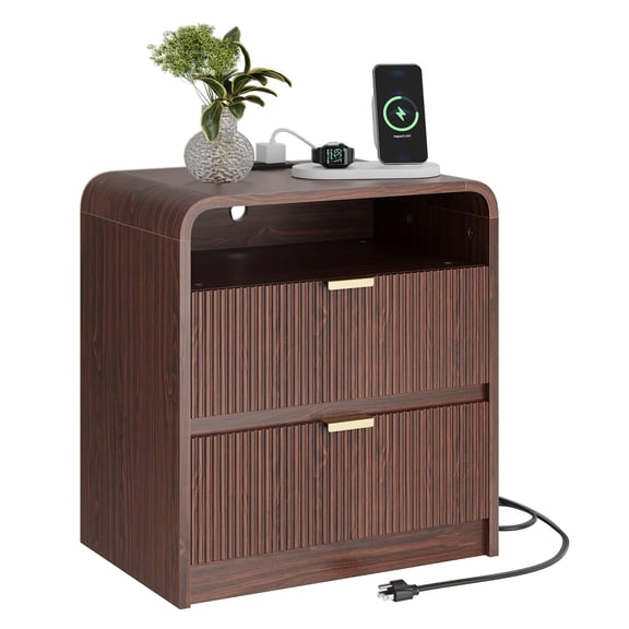 Walnut Fluted Nightstand with Charging Station, 2 Drawers and Open Shelf, Anti-Tip Bedside Table, 1-Pack