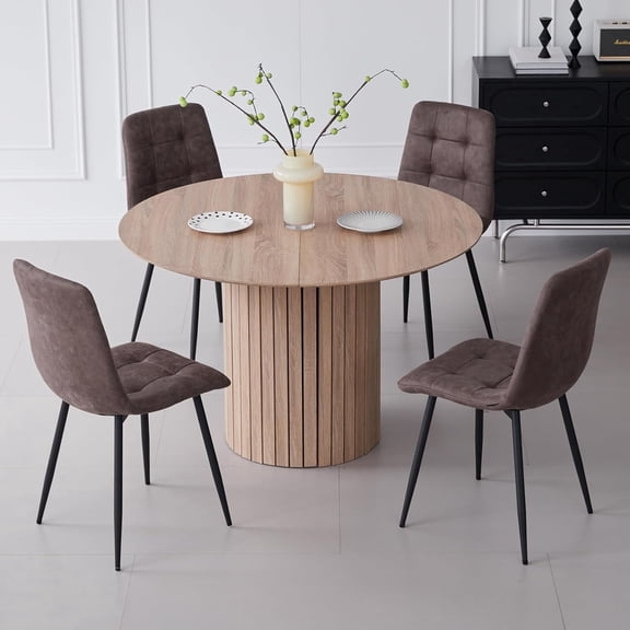 5 Piece Round Dining Table Set - Mid-Century 47 inch Oak Dining Table with 4 Brown Faux Leather Chairs Set, Dinner Table & Chair with Metal Legs for Kitchen Dining Room, Apartment, Bedroom