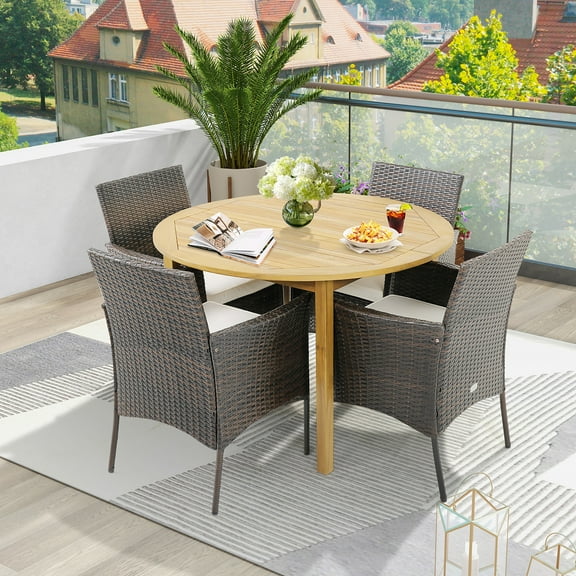 Gymax Patio Dining Chairs Set of 4 Outdoor PE Wicker Chairs w/ Removable Cushions Brown & Off White