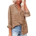 thumbnail image 2 of Womens Button Down V Neck Denim Shirts Long Sleeve Blouse Roll Up Cuffed Sleeve Casual Work Plain Tops with Pockets, 2 of 8