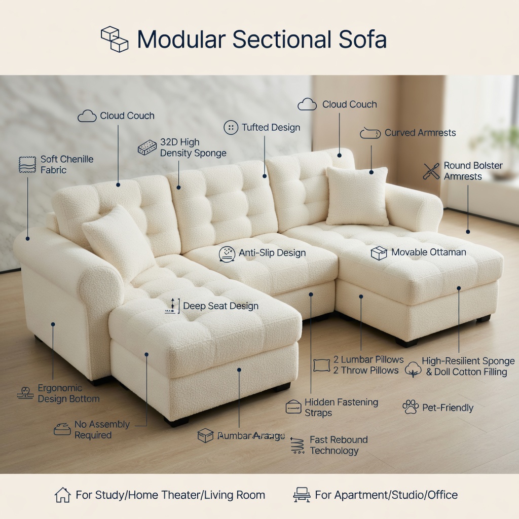 Hommoo Teddy Fleece 3-Seat Modular Sectional Sofa with Curved Backrest, Double-Layer Cloud Cushions & 2 Movable Ottomans, Beige