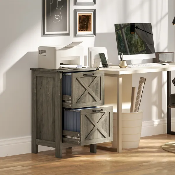 Vertical File Cabinet with 2 Drawers, Rustic Farmhouse Office Storage Cabinet for A4, Letter Size, Distressed Gray