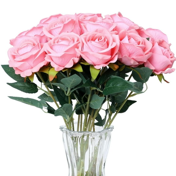 12Pcs Artificial Roses Flowers, Realistic Blossom Roses, Real Touch Silk Rose, Single Fake Flower Long Stem Bouquets for Home Wedding Party Decoration (Pink)