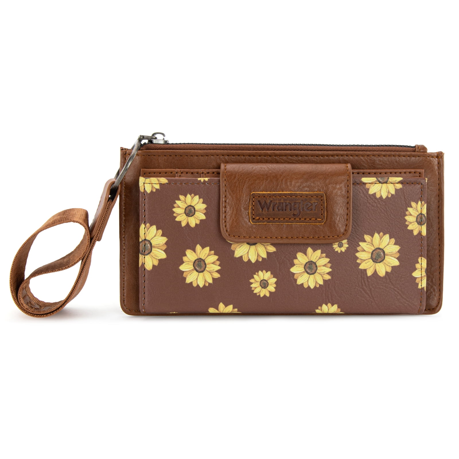Wrangler Wallet for Women Floral Wristlet Wallets Ladies Female Large Clutch Wallets with Coin Purse and Rfid Lining, Brown