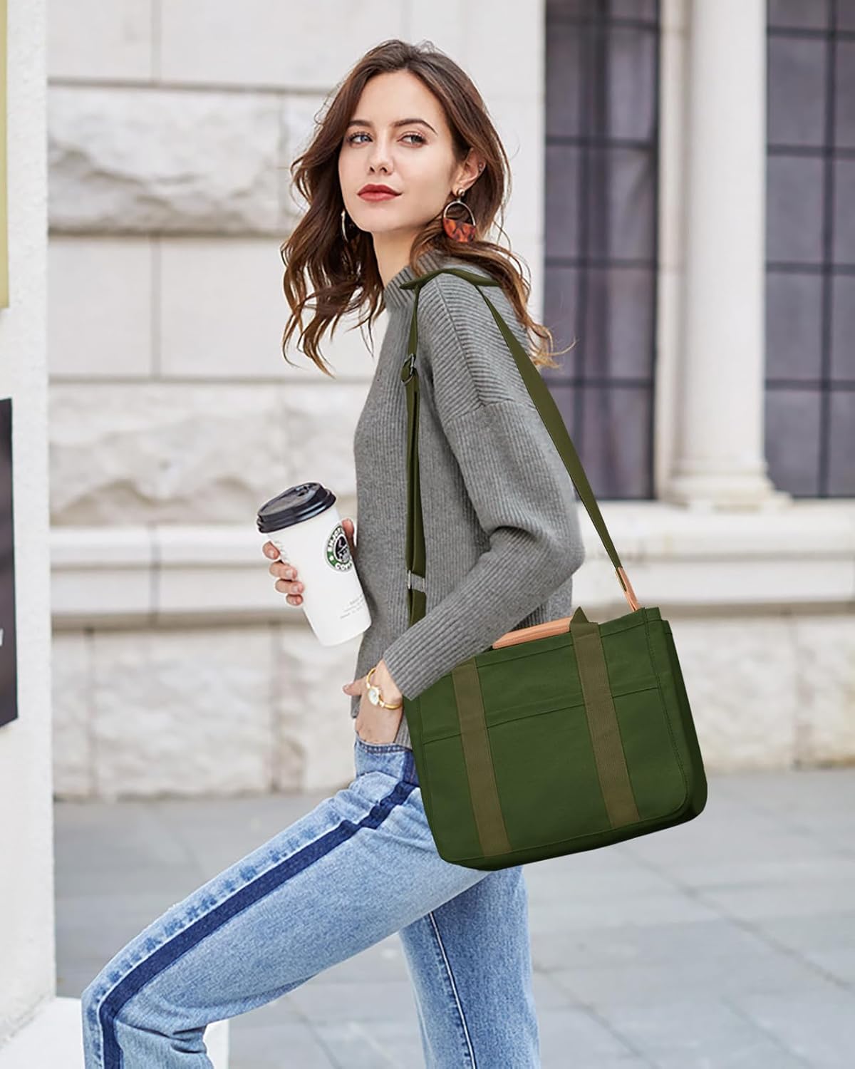 JennyShop Quality Tote Bag with Compartments, Canvas Tote Bag with Multi-Pocket for Women, Large Crossbody Shoulder Handbag