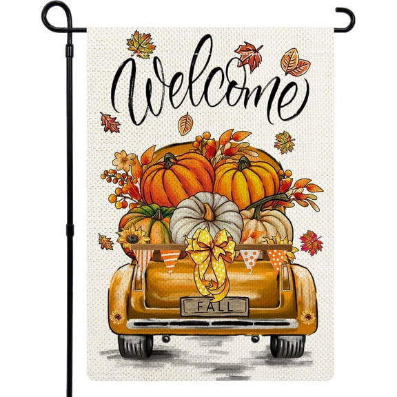 Fall Truck Garden Flags for Outside, Fall Autumn Welcome Garden Flags 12.5x18 Double Sided, Rustic Pumpkin Harvest Lawn Flags, Burlap Truck Holiday Yard Flags for Farmhouse Decor