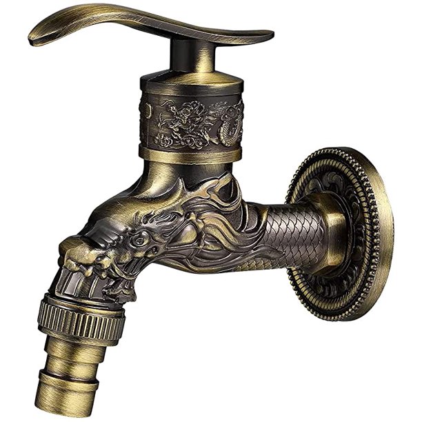 Grifo montado en la pared de latón retro, grifo de jardín exterior G1/2", grifo de latón antiguo, grifo montado en la pared vintage, grifo tallado dragón de cobre antiguo para cocina baño jardín JAMW Sencillez