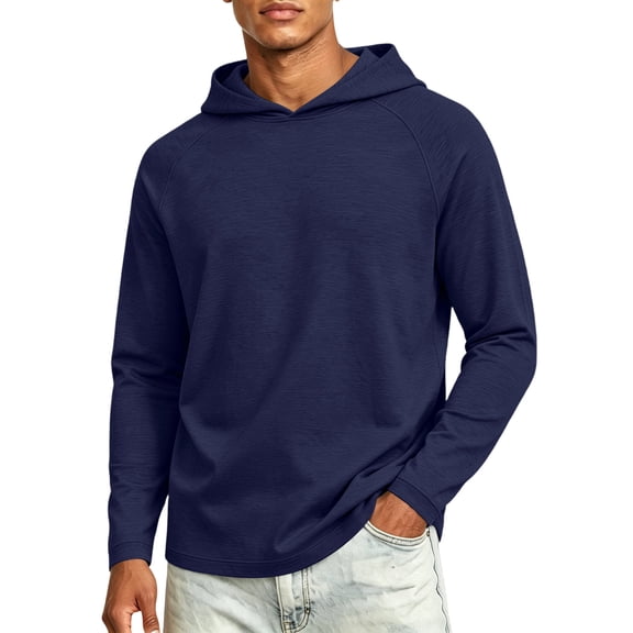 Domuza Men's Lightweight Long Sleeve Pullover Hoodies, Loose Fit Hooded Sweatshirts with Convenient Pockets, Soft Athletic Casual Tops Navy L