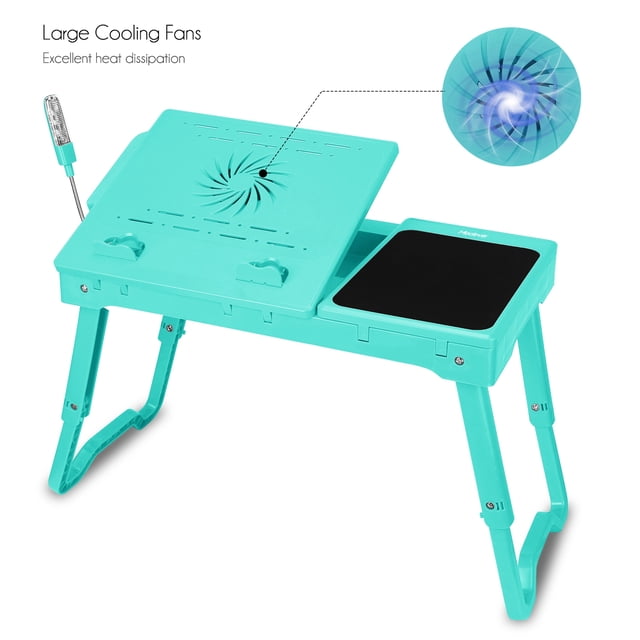 GPCT Foldable Laptop Table Bed Notebook Desk w/Cooling Fan Mouse Board LED light 4 x USB Ports Breakfast Snacking Tray with Storage Groove For Home Office Use