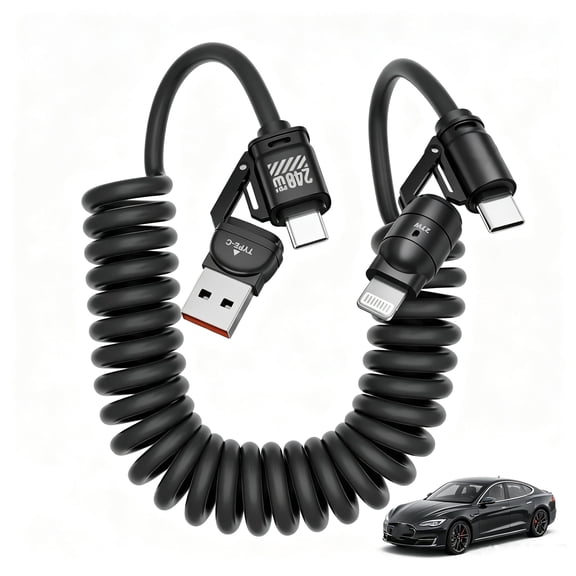 4 in 1 charging cable,Multi USB C Charging Cable,Durable Retractable car charging cable,PD 240W for iPhone Car play, Samsung, iPad-6FT