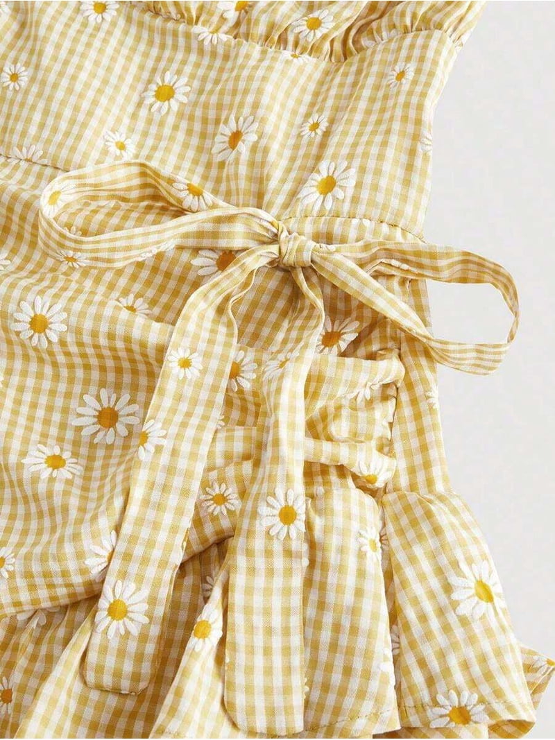 Yellow 2 Gingham Daisy Print Ruched Halter Dress With Tiered Ruffle Skirt