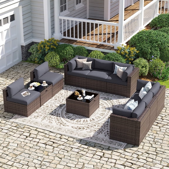 Sunmthink 10-Piece Wicker Patio Furniture Sets, Outdoor Conversation Set with 4 Inches Thick Cushions and Waterproof Cover