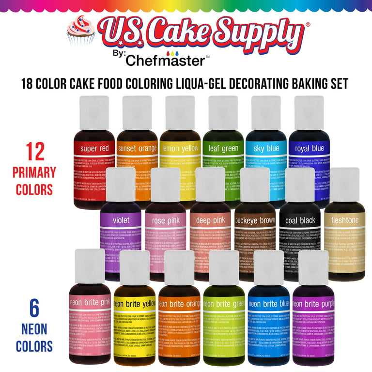 18 Color Cake Food Coloring Liqua-Gel Decorating Baking Set - 12-Primary &  6-Neon Colors – U.S. Cake Supply 0.75 fl. oz. (20ml) Bottles - Made in the