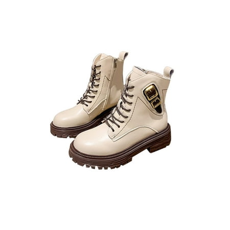

Ferndule Women Platform Booties Work British Style Mid Heel Winter Shoes Anti-Slip Low Calf Boot Beige 4.5