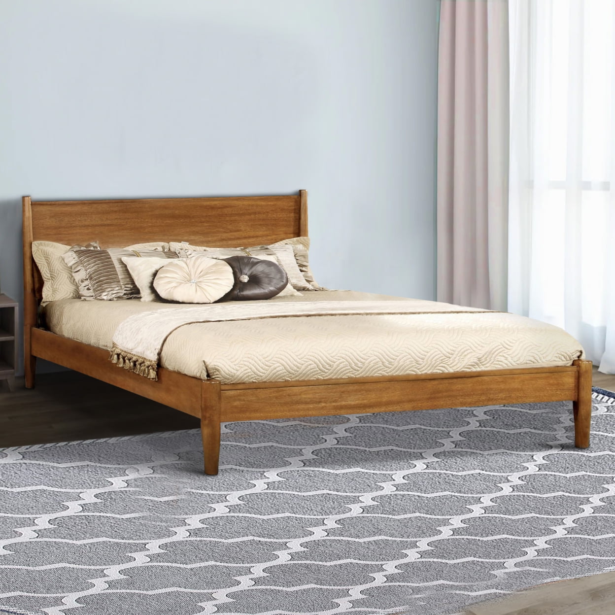 Wooden California King Size Bed with Panel Headboard Oak Brown