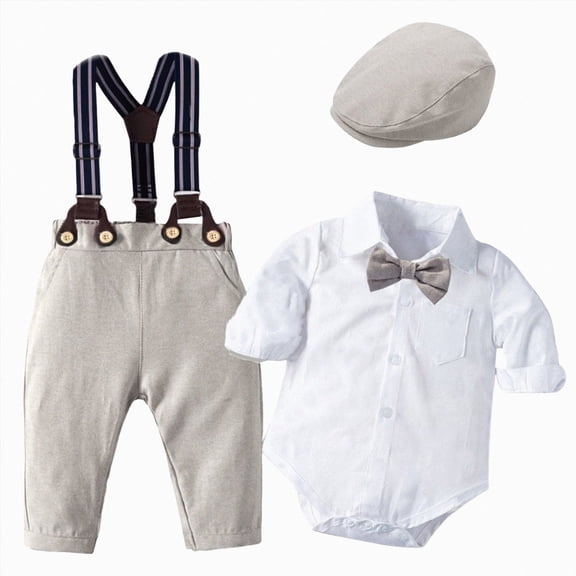 Xudanell Toddler Outfits for Boys Gentle Romper Suspenders Pants Set with Hat Baby Birthday Boy Suit White 3-6 Months