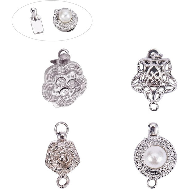 4 broches de latón con cuentas de perlas y diamantes de imitación, 4 estilos diferentes para la creación de joyas, platino.