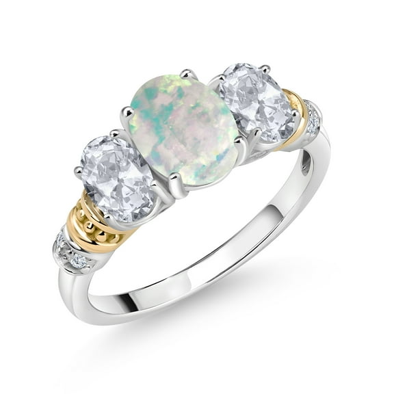 Gem Stone King 925 Sterling Silver and 10K Yellow Gold Oval White Opal White Topaz and White Diamond 3 Stone Ring for Women (2.23 Cttw, Gemstone October Birthstone, Size 6)