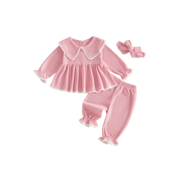 Loicainy Baby Toddler Girls Fall Clothes Set 3 6 12 18 24 Months 2T 3T Lace Trim Long Sleeve Doll Collar Tops and Elastic Waist Pants Headband Outfits