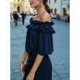 thumbnail image 4 of Women's Off Shoulder Ruffle Short Sleeve Chiffon Blouse Navy Blue XXL, 4 of 7