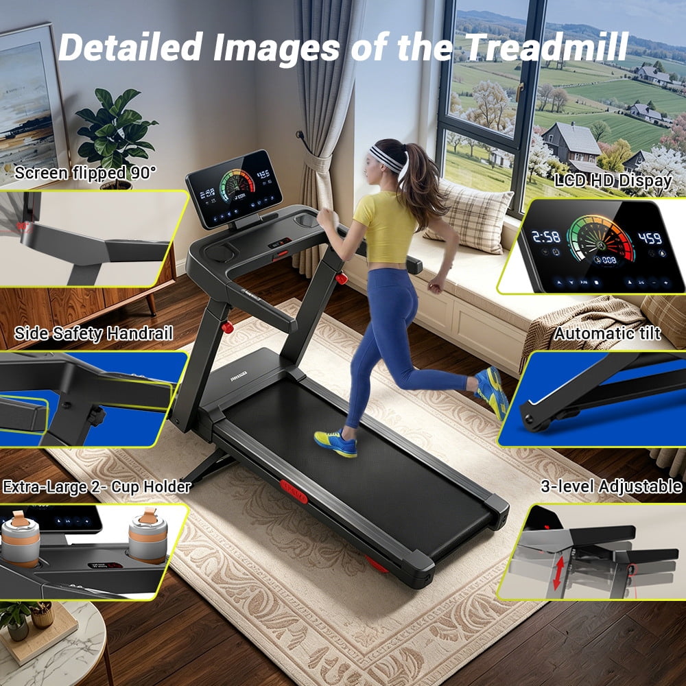 CURSOR FITNESS 17% Treadmill Auto Incline, Foldable Home Treadmill with 3-Level Adjustable Console and Quiet 3.5 HP Motor, Max 390lbs