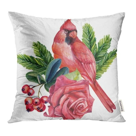 CMFUN Green Autumn Watercolor Bird Red Cardinal Rose Berries Spruce Branches Beautiful Bud Pillowcase Cushion Cover 16x16
